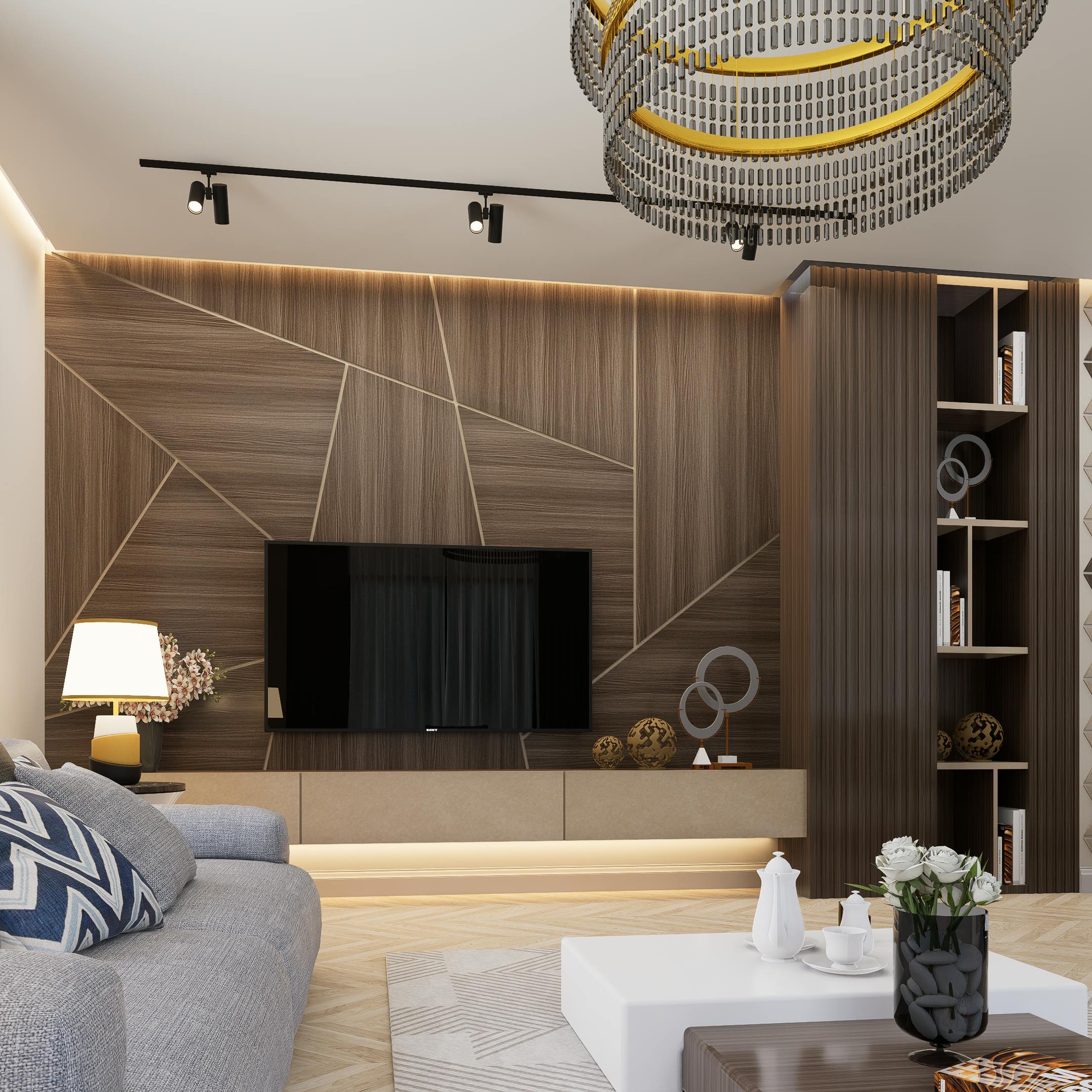 Chic modern living room with geometric wood panels, elegant chandelier, and cozy decor.
