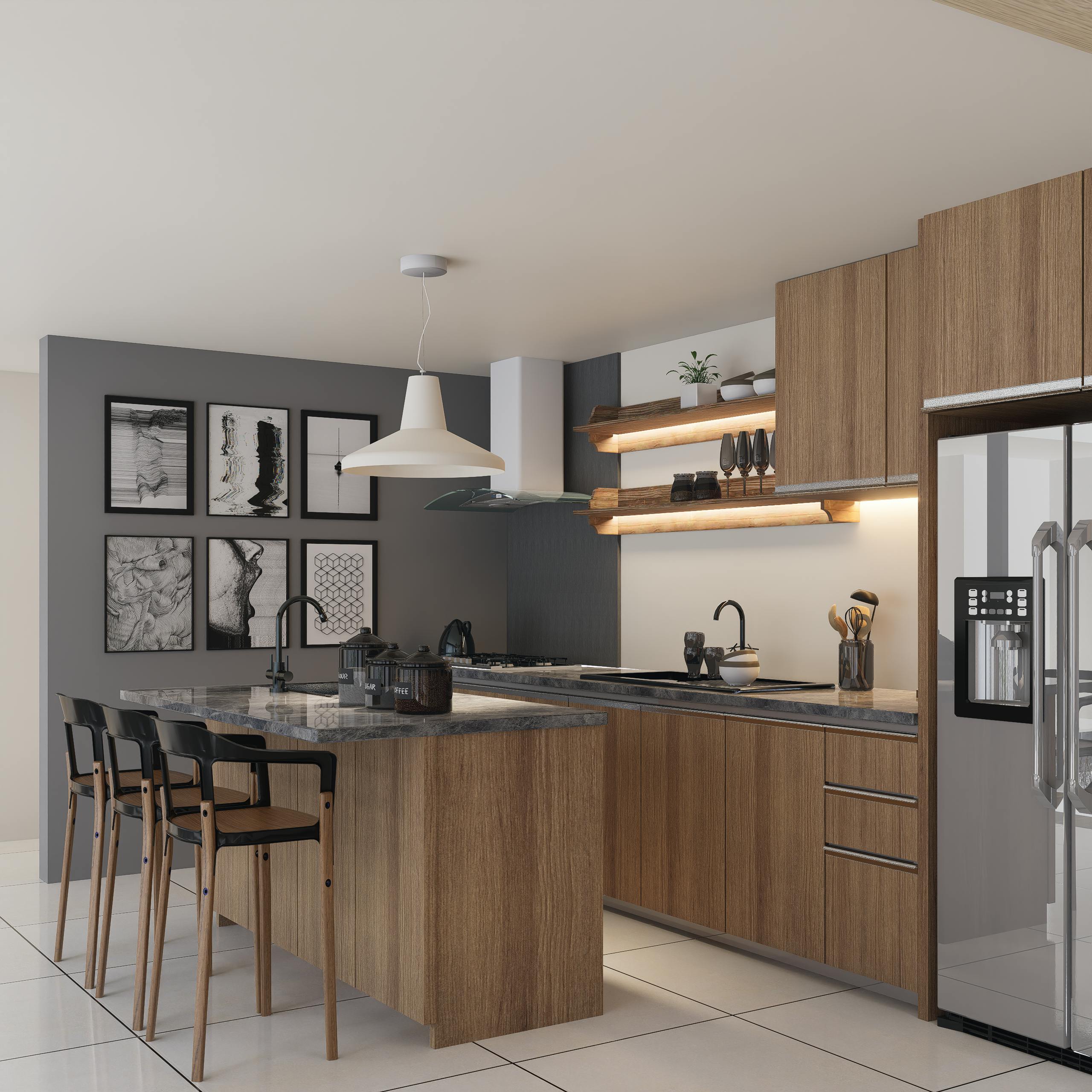 Modern kitchen with wooden cabinets and sleek interior design elements.