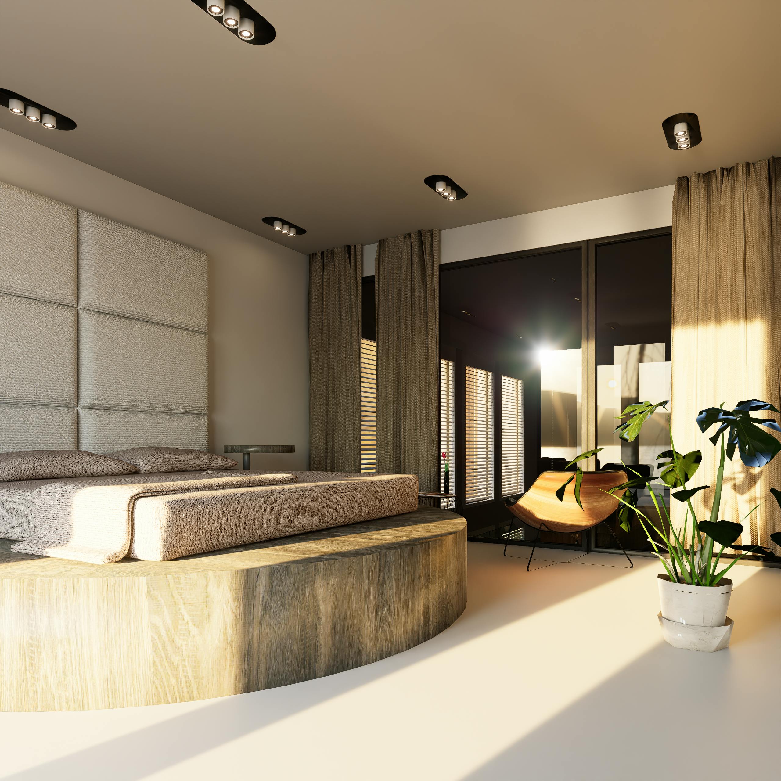 Luxurious minimalist bedroom design featuring a platform bed and soft lighting for a cozy atmosphere.